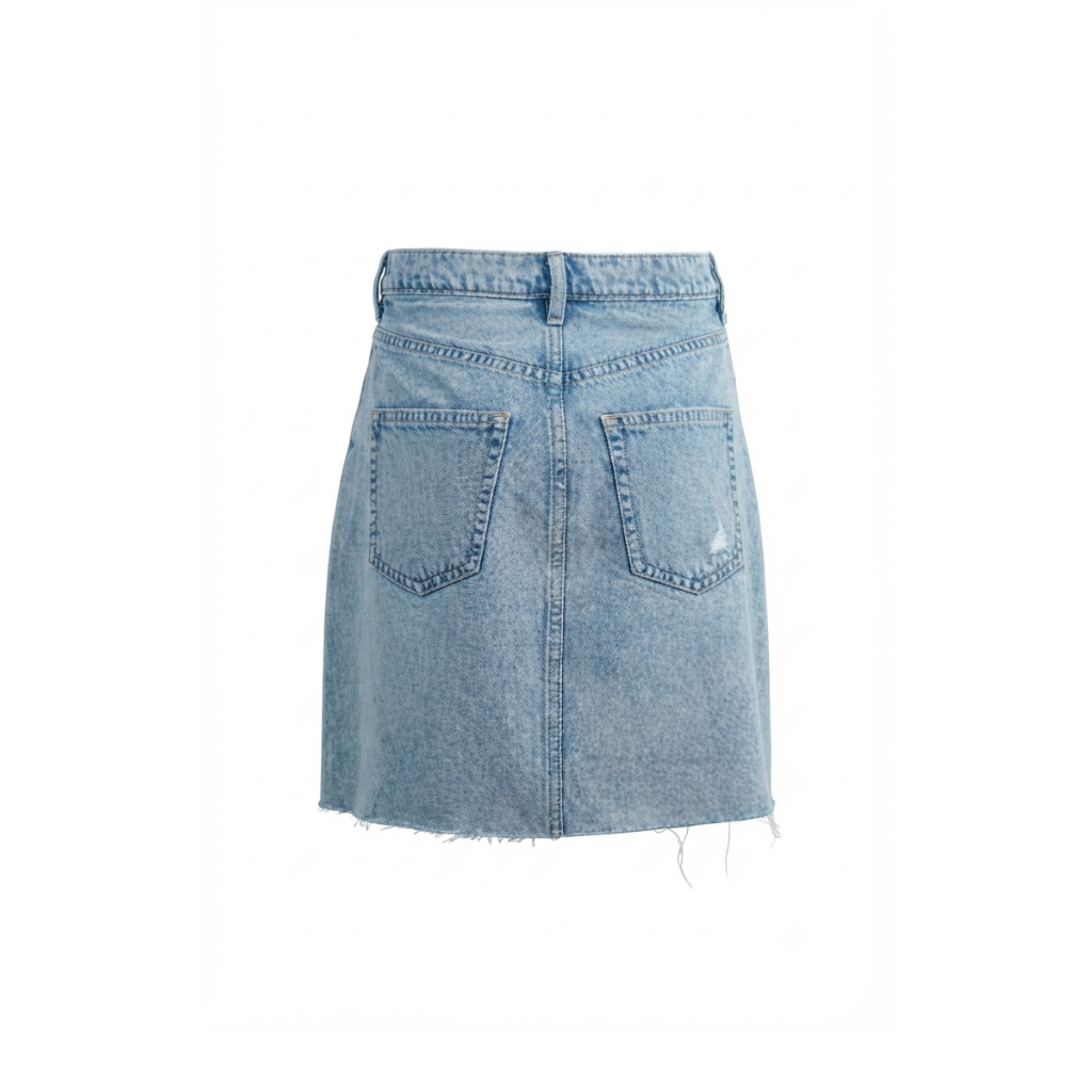 Wildgeese Handcrafted Crystal Embellished Distressed Denim Mini Skirt – Premium Light Wash Denim