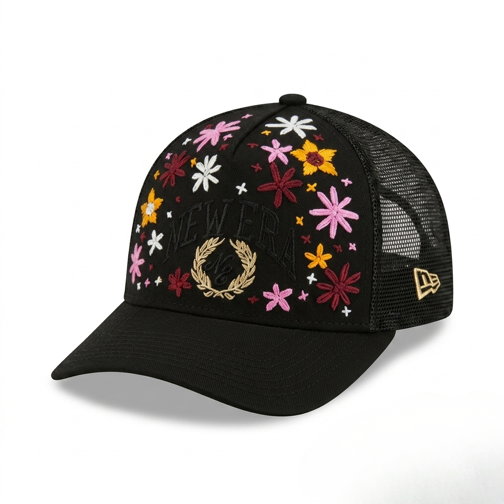 Wildgeese Handcrafted Floral Embroidered Trucker Cap – Premium Black Mesh Adjustable Hat