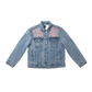 Denim jacket with floral embroidery on a white background