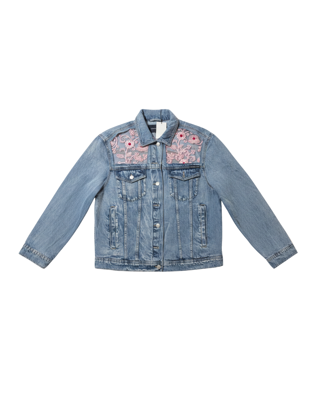 Denim jacket with floral embroidery on a white background