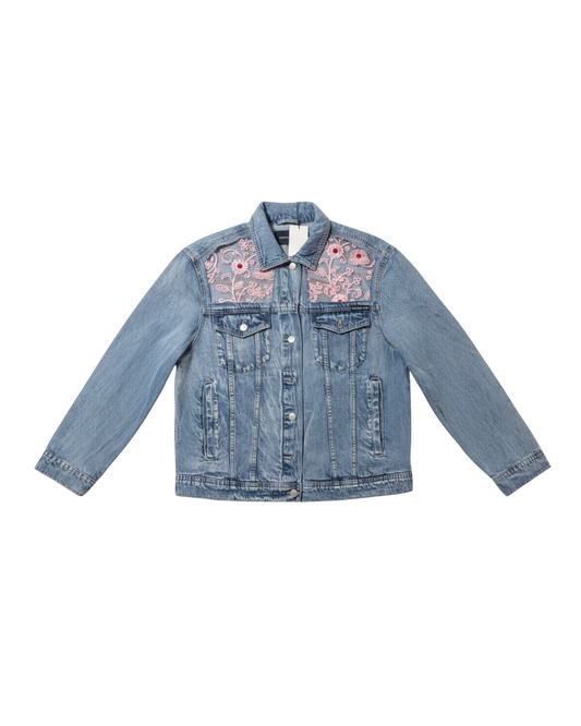 Denim jacket with floral embroidery on a white background
