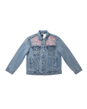 Denim jacket with floral embroidery on a white background