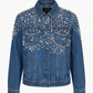 Blue denim jacket with pearl embellishments on a white background