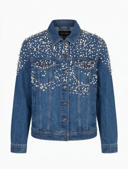 Blue denim jacket with pearl embellishments on a white background