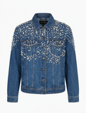 Blue denim jacket with pearl embellishments on a white background
