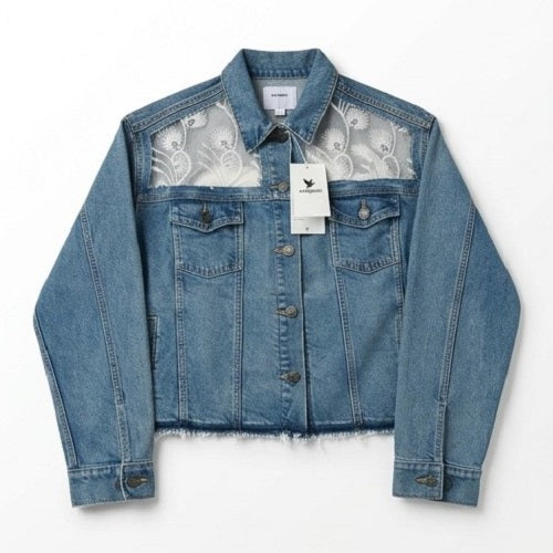 Blue denim jacket with lace detailing on a white background
