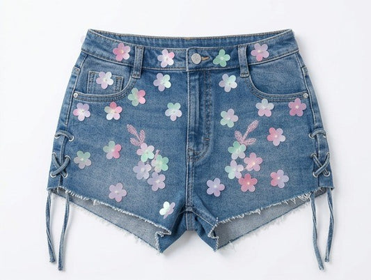 Denim shorts with floral patterns on a white background