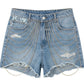 Denim shorts with chain details on a white background