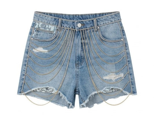 Denim shorts with chain details on a white background