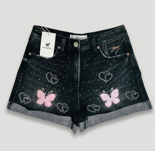 Wildgeese Handcrafted Rhinestone Butterfly Denim Shorts – Unique Handmade Y2K Style