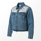 Blue denim jacket with lace detailing on a white background