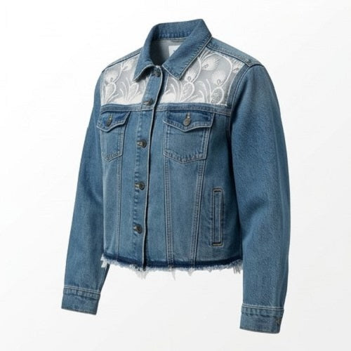 Blue denim jacket with lace detailing on a white background