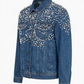 Blue denim jacket with white embellishments on a white background