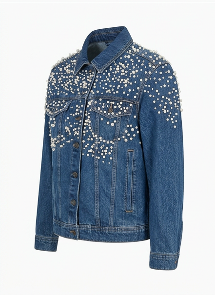 Blue denim jacket with white embellishments on a white background