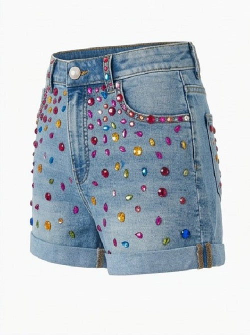 Denim shorts with colorful gemstones on a white background
