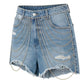 Denim shorts with chain details on a white background