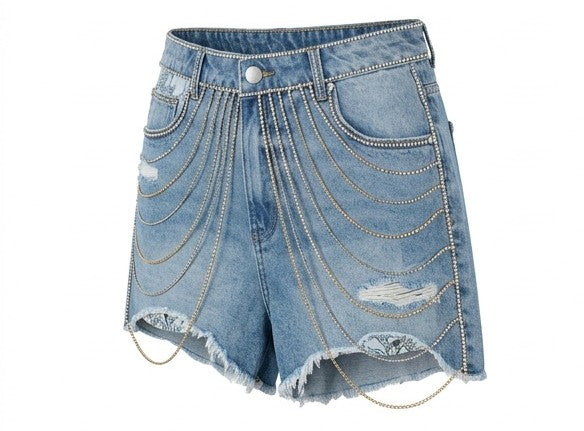 Denim shorts with chain details on a white background