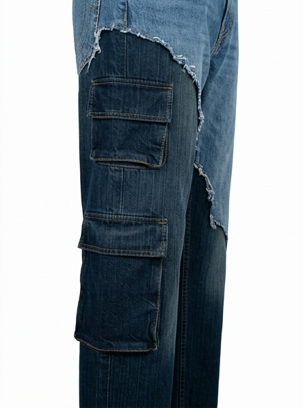 Close-up of blue jeans with multiple pockets on a white background