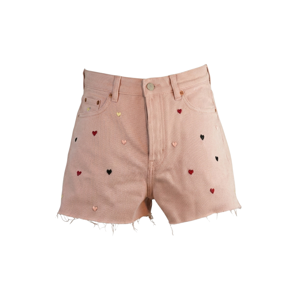 Wildgeese Handcrafted Heart Embroidered Denim Shorts – Unique Handmade Pink Cut-Off Shorts