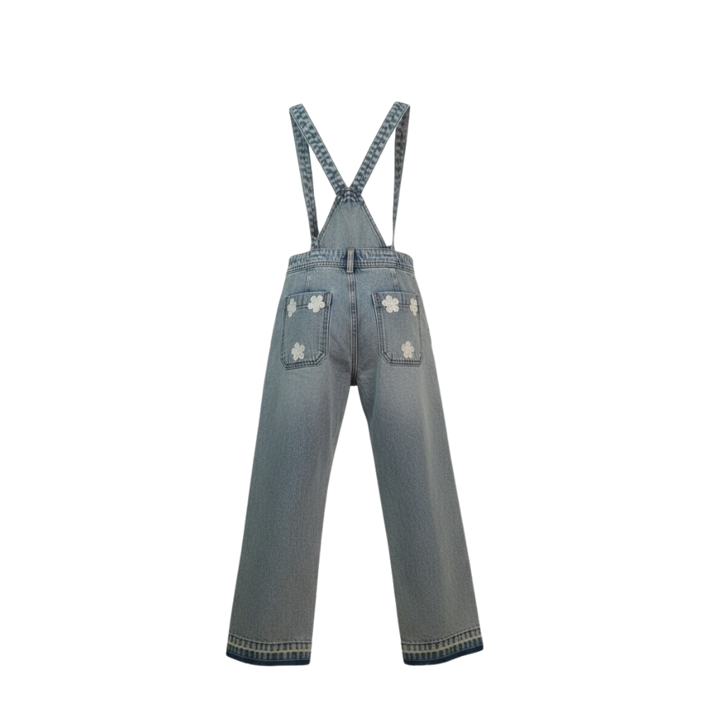 Wildgeese Handcrafted Floral Embroidered Denim Overalls – Wide Leg Adjustable Strap Jumpsuit for Girls
