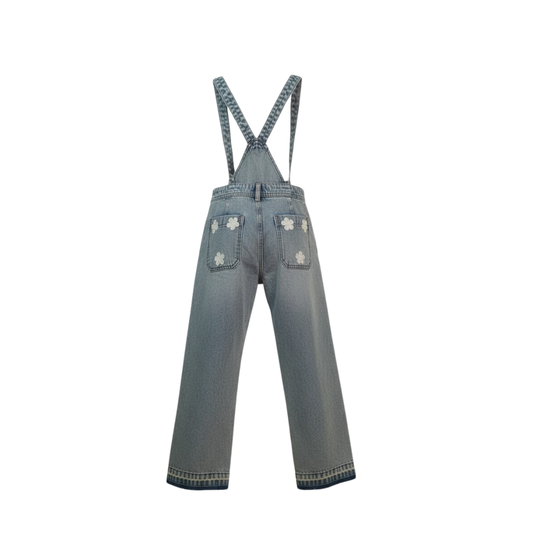 Wildgeese Handcrafted Floral Embroidered Denim Overalls – Wide Leg Adjustable Strap Jumpsuit for Girls