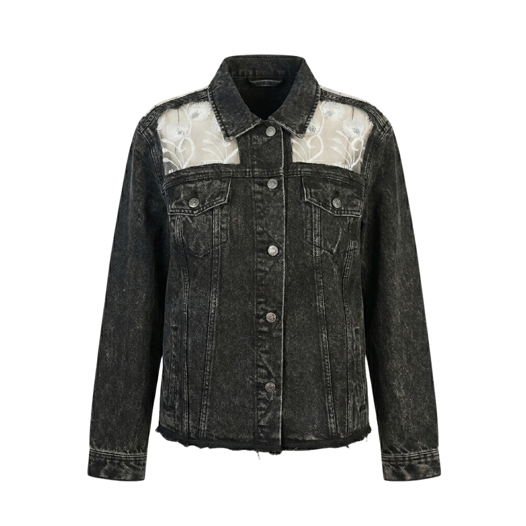 Wildgeese Handcrafted Sheer Lace Panel Black Denim Jacket – Unique Handmade Artisan Outerwear for Women