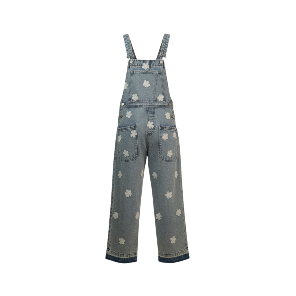 Wildgeese Handcrafted Floral Embroidered Denim Overalls – Wide Leg Adjustable Strap Jumpsuit for Girls