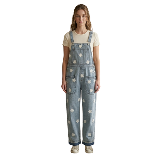 Wildgeese Handcrafted Floral Embroidered Denim Overalls – Wide Leg Adjustable Strap Jumpsuit for Girls