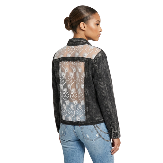 Wildgeese Handcrafted Sheer Lace Panel Black Denim Jacket – Unique Handmade Artisan Outerwear for Women