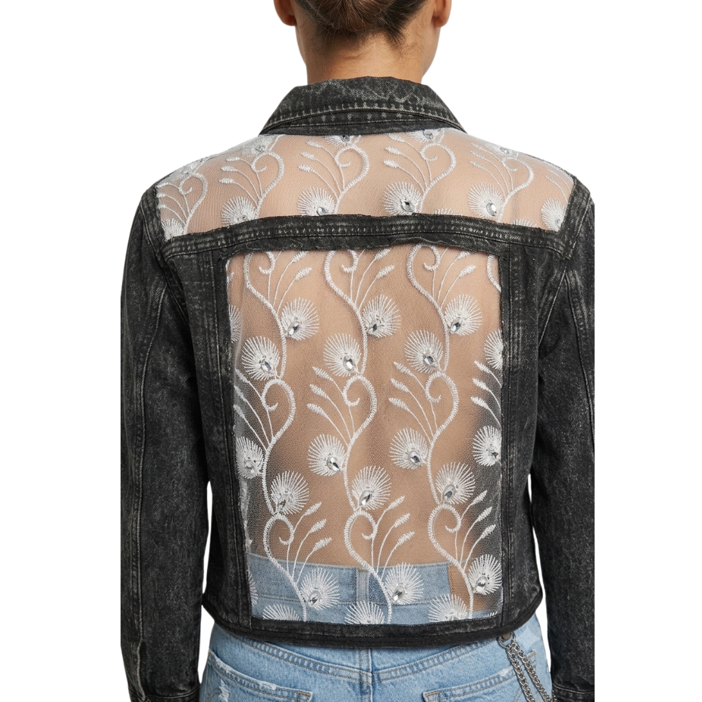 Wildgeese Handcrafted Sheer Lace Panel Black Denim Jacket – Unique Handmade Artisan Outerwear for Women