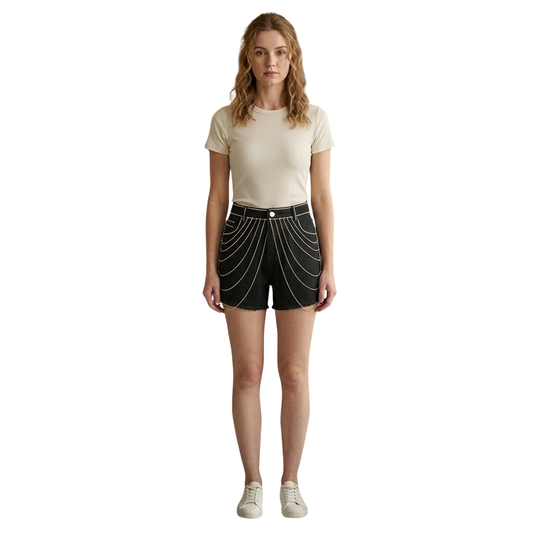 Wildgeese Handcrafted Rhinestone Chain Black Denim Shorts – Luxury Artisan Statement Shorts for Women
