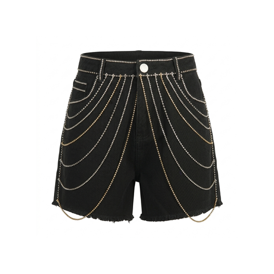 Wildgeese Handcrafted Rhinestone Chain Black Denim Shorts – Luxury Artisan Statement Shorts for Women