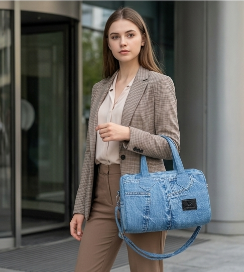 Wildgeese Buttercup Handmade Reconstructed Denim Barrel Bag  Jean Pocket Satchel