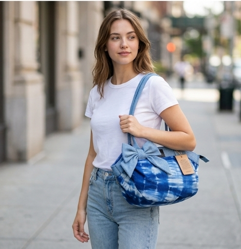 Wildgeese Flora Bag Handmade Indigo Tie-Dye Shoulder Bag -Denim Tote with Bow