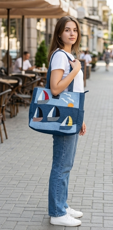 Wildgeese  Renu Handmade Nautical Sailboat Denim Tote Bag