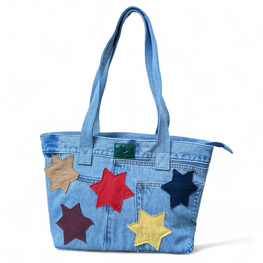 Wildgeese Handmade Star Patchwork Denim Tote Bag - Upcycled Artisan Shoulder Bag