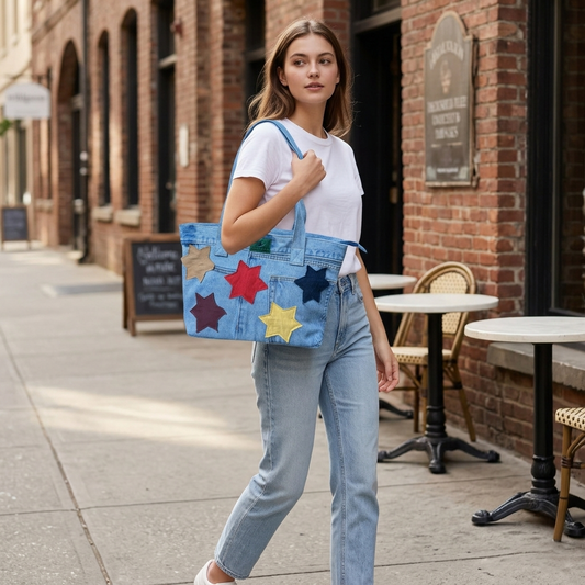 Wildgeese Handmade Star Patchwork Denim Tote Bag - Upcycled Artisan Shoulder Bag