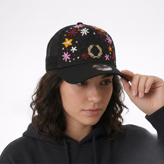 Wildgeese Handcrafted Floral Embroidered Trucker Cap – Premium Black Mesh Adjustable Hat