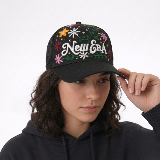 Wildgeese Handcrafted Floral Embroidered Trucker Cap – Premium Black Mesh Adjustable Snapback Hat
